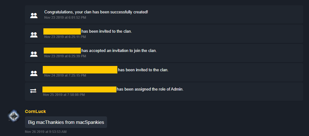 [A screenshot of the message logs from the clan messages on bungie.net showing the time and date of Suprelics founding.]
